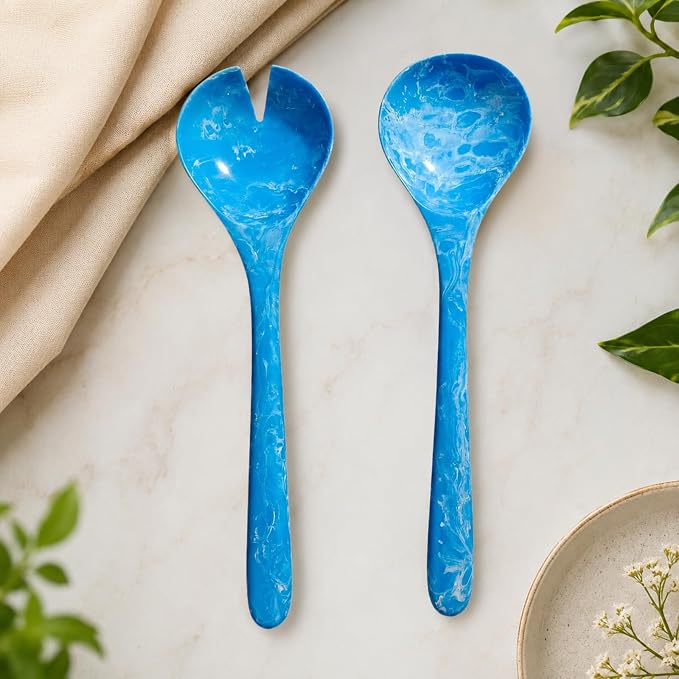 SS Craft Blue Marbled Resin Salad Server Set – Lightweight Serving Spoon & Fork - Image 4