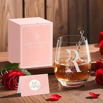 Valentines Day Gifts for Her, Gifts for Women Her Friend Mom Grandma Wife Sister Bridesmaid Nurse, Birthday Galentines Mothers Day Christmas, Personalized Initial Customized Wine Glasses 18OZ(R)