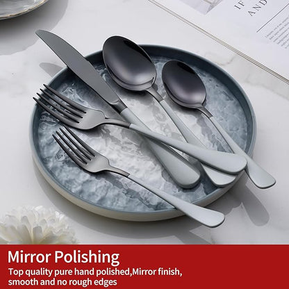 20-Piece Black Silverware Set 18/0 Stainless Steel Flatware Gray Handle Cutlery Set Service for 4 Dinner Knives Forks Spoons Set Mirror Finish Dishwasher Safe