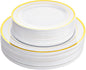 Aya's Cutlery Kingdom 100 White and Gold Plastic Plates for Thanksgiving Dinner - Fancy Plate for Party - 50 (10") Dinner and 50 (7.5") Salad Plates - Heavy Duty, Elegant Disposable Tableware Set