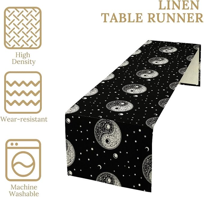 Mystical Celestial Table Runner, Vintage Bohemian Black Yin Yang Symbol Moon - Image 4