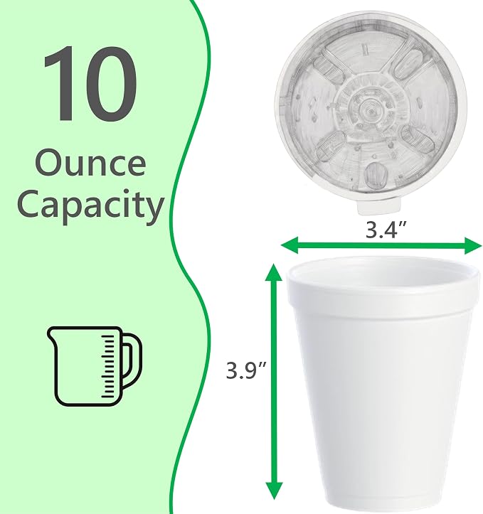 10OZ Foam Cups With Lids for Hot & Cold Drinks, USA-Made 100-Pack - Image 2