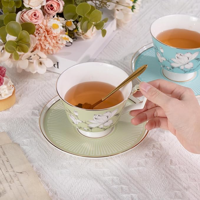 KAMMAK Ceramic Coffee Cups Saucers Set of 2, Porcelain Espresso Cups - Image 3
