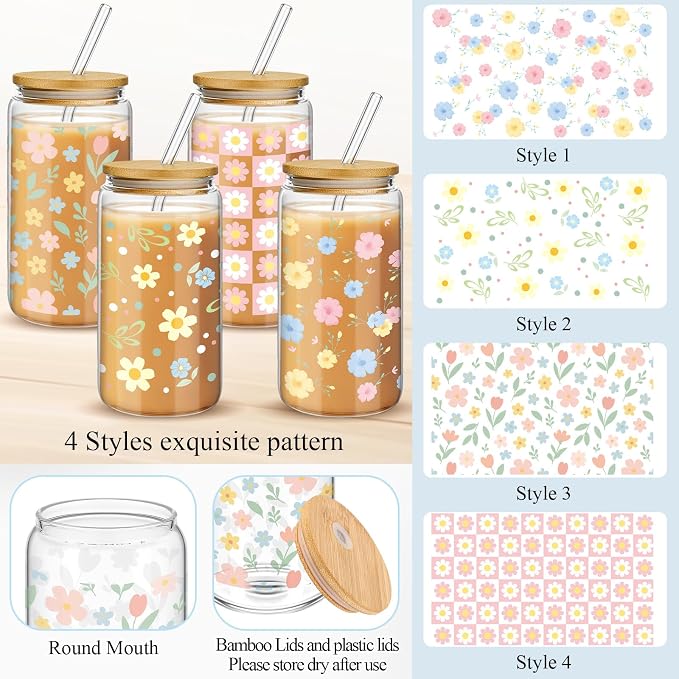 Mumufy 4 Pack Wildflower Glass Cups Gift Aesthetic Cute Glass Cup Tumbler - Image 3