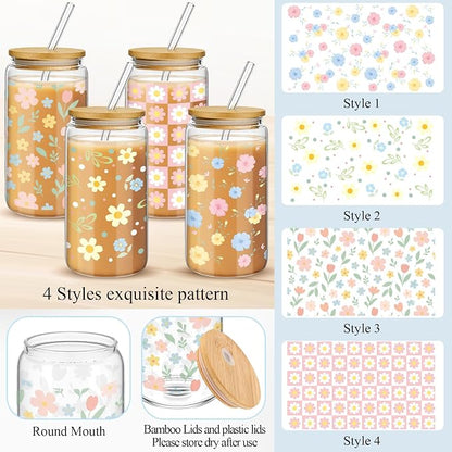 Mumufy 4 Pack Wildflower Glass Cups Gift Aesthetic Cute Glass Cup Tumbler - Image 3
