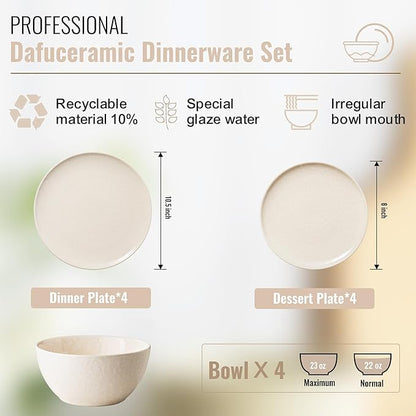 Plates and Bowls Sets,12 Pieces Beige Dinnerware Sets for Kitchen, Reactive Glaze Dishes Set for 4, Dishwasher and Microwave Safe, Series Starflecked Shore (Beige)