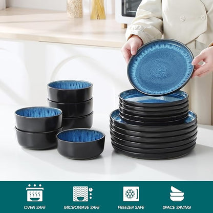 vancasso PLAYA Plates and Bowls Sets, 18 Pieces Blue Dinnerware Sets for Kitchen, Reactive Glaze Dishes Set for 6, Dishwasher and Microwave Safe