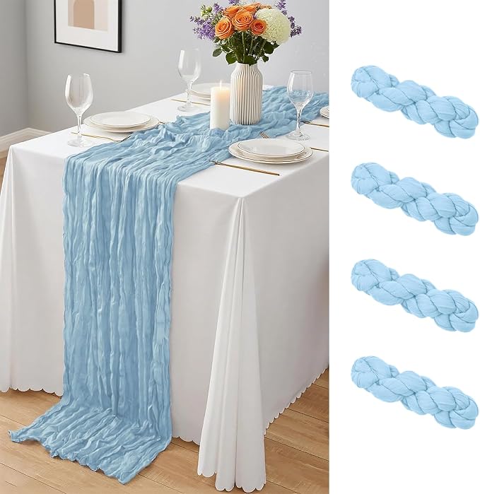 4 Pack Baby Blue Cheesecloth Table Runner 10Ft, Gauze Table Runners 21.5 x 120 by Yemosa