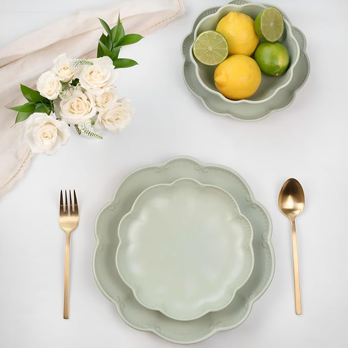Sango 12 Pieces Scalloped Dinnerware Set, Sage Green Dishes - Image 9