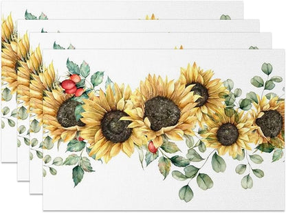 AOFOTO Sunflower Printed Placemats Set of 4 Spring Yellow Floral Leaves Fruit Printed Place Mats Washable Rectangular Table Mats for Party Home Kitchen Restaurant Dining Table Decor 12x18 Inch