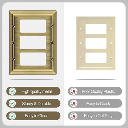 Metal Wall Plate for Electrical Outlets, Decorative Antique Brass Switch Plates Outlet Cover, Light Switch Cover Plate, 3-Gang Wall Plates (Triple Decoretor, 1 Pack)