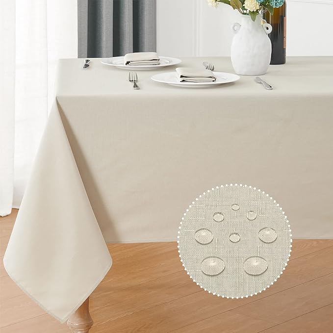 Rectangle 8 Feet Tablecloth 60x120 inch Linen Textured Table Cloth Stain and Wrinkle Resistant Washable Polyester, Decorative Table Cover Waterproof for Dining, Buffet and Camping, Beige