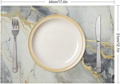 Marble Linen Place Mats Set of 4, 12x17 Inch Modern Abstract Foil Texture White Grey Gold Marble Washable Fabric Non-Slip Placemats for Home Dining Table Banquets Party Kitchen Decoration