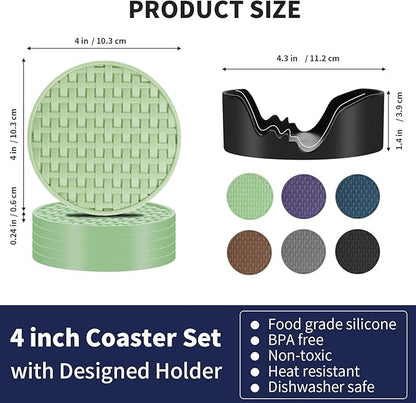 Green Silicone Coasters Set of 6 with Holder, 4 Inch Round Non-Slip Heat Resistant Waterproof Coaster, Decorative Cup Mats for Coffee Table, Home, Kitchen, Office, Bar