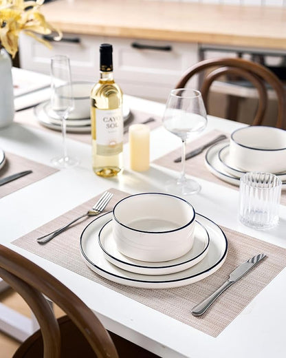 Famiware Porcelain Dinnerware Set, 18-Piece Modern Plate and Bowl Set, dish set for 6, Microwave and Dishwasher Safe Tableware, White with Blue Trim