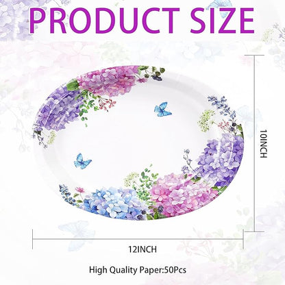 50 Pcs Hydrangea Flowers Oval Paper Plates Large 10"x12" Blue Purple Pink Hydrangea Floral Plates Disposable Heavy Duty Flower Plate for Spring Wedding Bridal Baby Shower Decoration Tea Party Supplies
