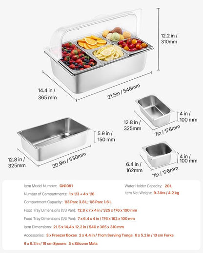 VEVOR Countertop Food Serving Display Container, 5 Pan Stainless Steel Food - Image 7