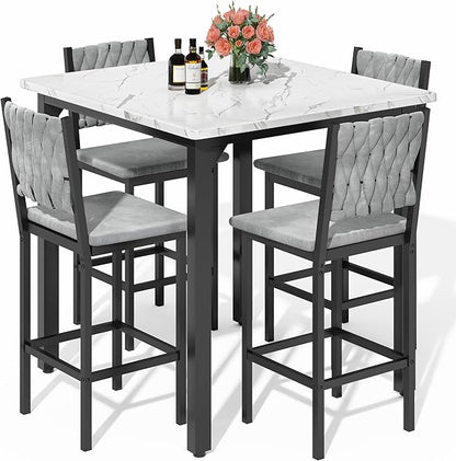 AWQM 5-Piece Dining Table Set, Dining Table Set for 4, Counter Height Table & 4 Velvet Bar Stools, Modern Kitchen Dining Set, Compact Dining Set for Small Spaces (Marble Texture & Velvet Chairs)