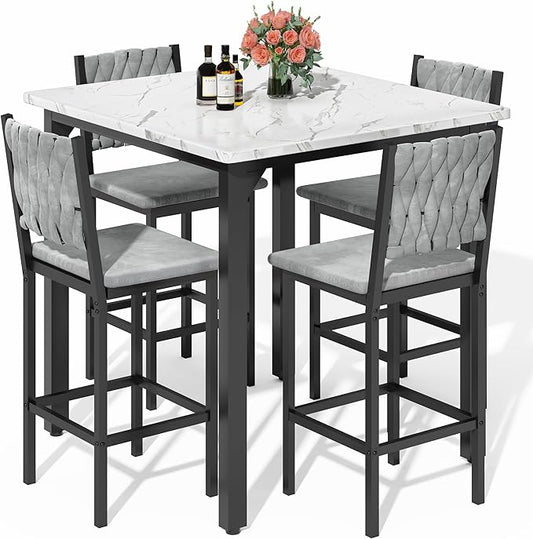 AWQM 5-Piece Dining Table Set, Dining Table Set for 4, Counter Height Table & 4 Velvet Bar Stools, Modern Kitchen Dining Set, Compact Dining Set for Small Spaces (Marble Texture & Velvet Chairs)