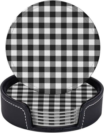 6 Pcs Black White Striped Plaid Leather Coasters - Image 2
