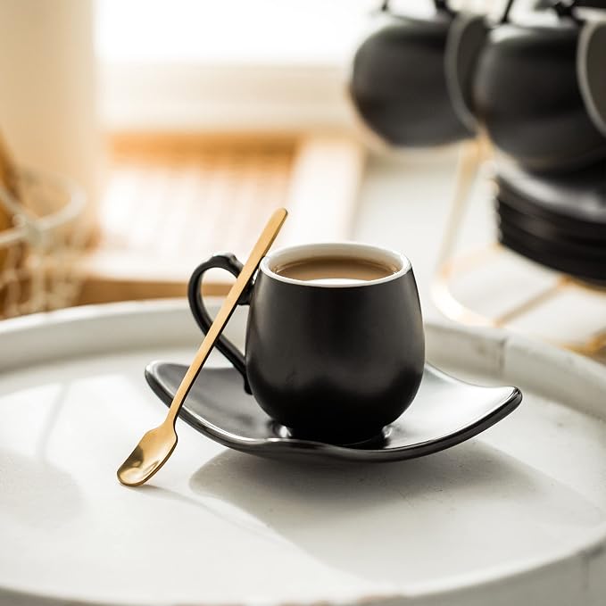 LYEOBOH Espresso Cups with Saucers Set, 3 Ounces Porcelain Coffee Cups with - Image 6
