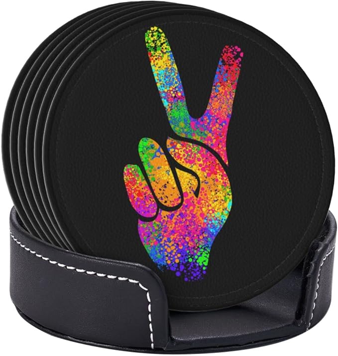 6 Pcs Hippie Two Fingers Symbols Peace Sign Leather Coasters - Image 3