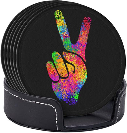 6 Pcs Hippie Two Fingers Symbols Peace Sign Leather Coasters - Image 3