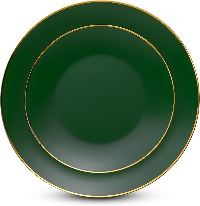 100 Green Gold Plastic Plates Set, Elegant Fancy Heavy Duty Disposable Plates - Image 2