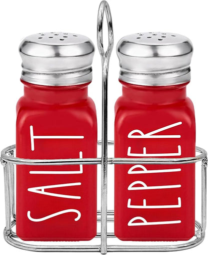 Red Salt and Pepper Shakers Set with Holder by Brighter Barns - Dining Table Decor, Modern Farmhouse Kitchen Decor - Christmas Salt and Pepper Shakers with Caddy for Restaurant, RV, Airbnb, Gift (Red)