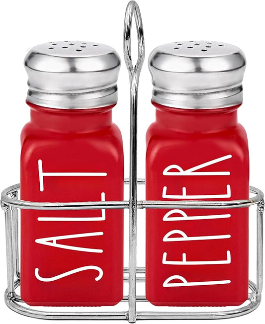Red Salt and Pepper Shakers Set with Holder by Brighter Barns - Dining Table Decor, Modern Farmhouse Kitchen Decor - Christmas Salt and Pepper Shakers with Caddy for Restaurant, RV, Airbnb, Gift (Red)