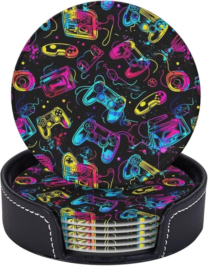 Drink Coasters with Holder Stand Set of 6, Bright Game Controller Pu Leather by Unknown