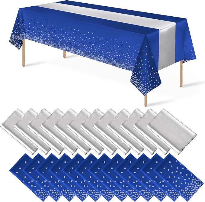24Pack Disposable Plastic Tablecloths and Satin Table Runner Set Blue and by MASHAN