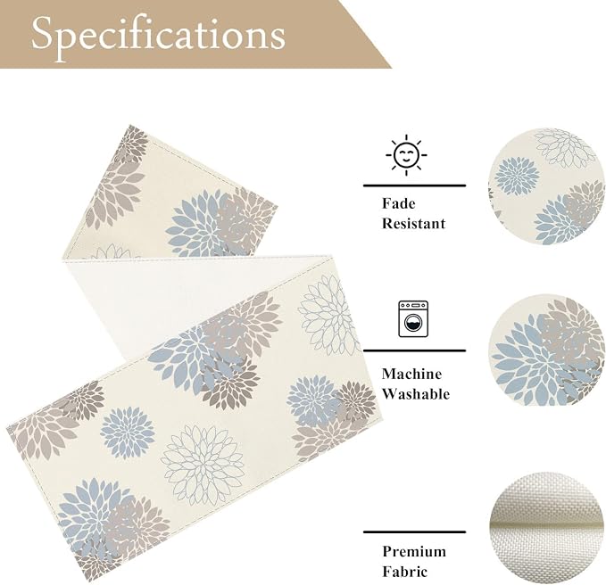 Light Blue Grey Table Runner Wild Dahlia Pinnata Flower Table Runners Modern - Image 4