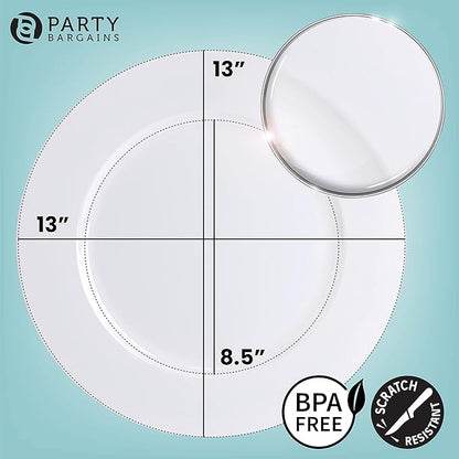 PARTY BARGAINS 13-Inch Charger Plates - 96 Pack, White, Heavy-Duty Disposable Chargers for Elegant Dining - Ideal for Weddings and Formal Events