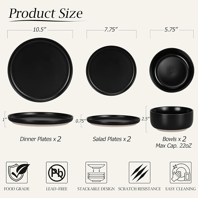 LIANYU Plates and Bowls Sets for 2, 6 Piece Stoneware Dinnerware Set, Porcelain - Image 2