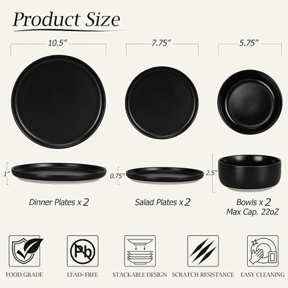 LIANYU Plates and Bowls Sets for 2, 6 Piece Stoneware Dinnerware Set, Porcelain - Image 2