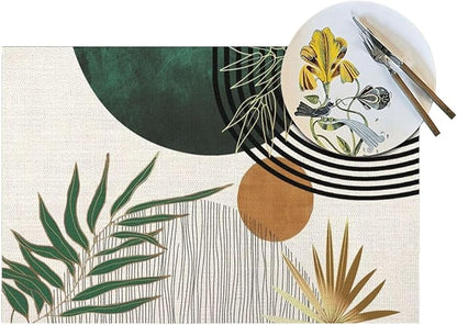 Mid Century Placemats 12x18 Inches Set of 4, Boho Green Gold Tropical Leaf Decorative Rectangle Table Mats for Party Home Kitchen Dining Table Decoration