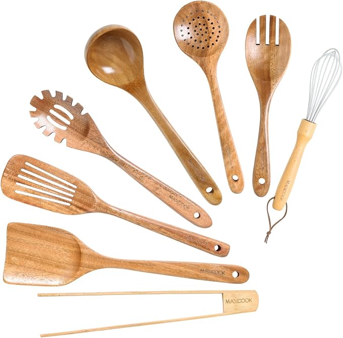 Natural Acacia Wooden Kitchen Utensils Set | Wooden Spoons by MAXCOOK