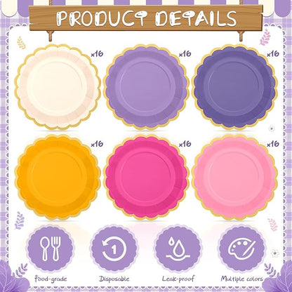 96 Pcs Pink and Purple Paper Plates 9 Inch Gradient Scalloped Paper Plates Disposable Dinner Dessert for Birthday Wedding Bridal Party Supplies, 6 Colors