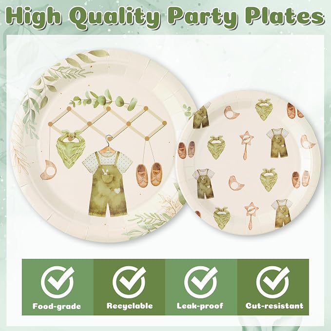 96Pcs Sage Green Eucalyptus Baby Shower Party Plates Supplies Greenery Leaves - Image 3