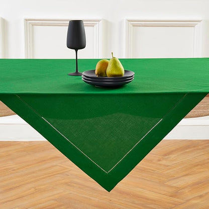 Solino Home Linen Tablecloth 52 x 52 Inch - 100% Pure Linen Garden Green Square Tablecloth - Classic Hemstitch, Machine Washable Table Throw for Winter, St Patricks Day, Easter