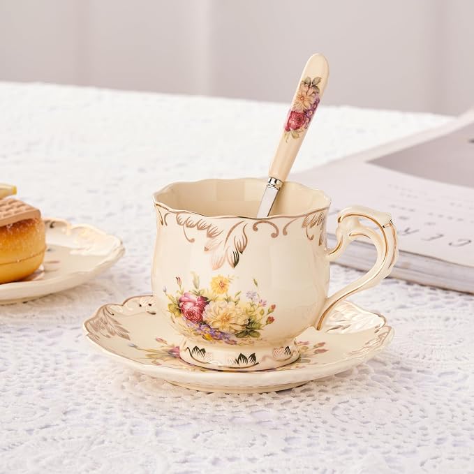 YOLIFE Tea Cups and Saucers Set of 6, 8 OZ Pink Rose | Ivory Vintage Porcelain - Image 8