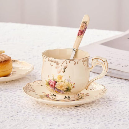 YOLIFE Tea Cups and Saucers Set of 6, 8 OZ Pink Rose | Ivory Vintage Porcelain - Image 8