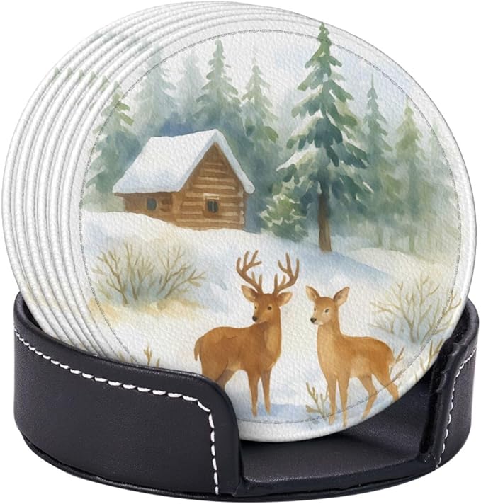 Winter Watercolor Blue Green Tree Cabin Deer Coasters - Image 2