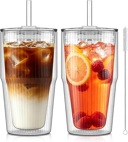 KEMORELA 16oz Ribbed Double Wall Glass Cups by KEMORELA