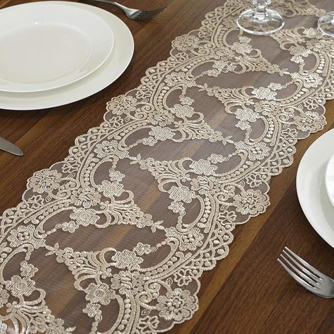 ARTABLE Champagne Lace Table Runner Macrame Dresser Scarf 10 x 59 Inch | - Image 5