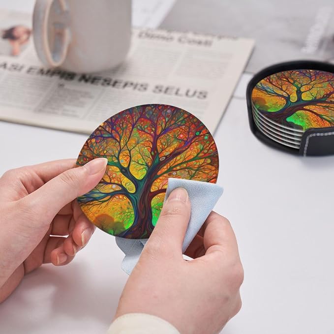 Tree of Life Colorful Leaves Leather Coasters Set of 6 - Image 5