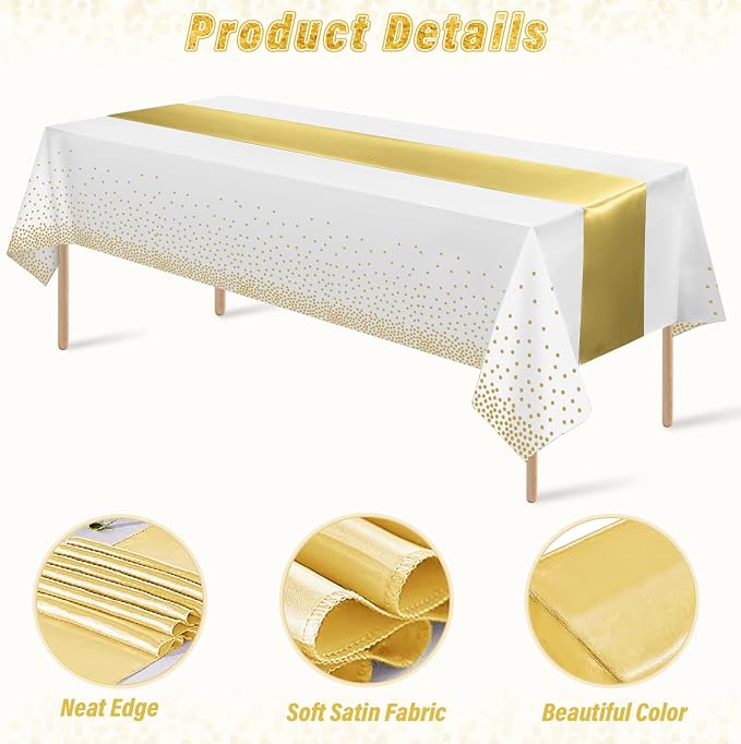 24 Pack White and Gold Tablecloth and Table Runner Set Party Decorations - Image 3