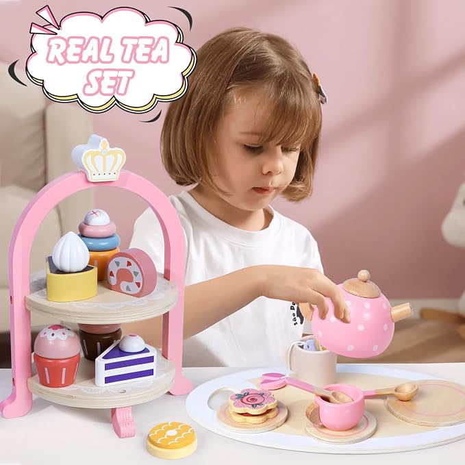 Wooden Tea Party Set for Little Girls, Toddler Girl Gifts Princess Tea Time Toys - Image 5