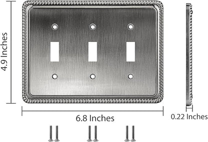 Henne Bery Rope Edge Decorative Wall Plate Switch Plate Outlet Cover (Triple Toggle, Heirloom Silver)